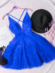 Red v neck tulle lace short Evening Prom Dresses,Mini homecoming Dresses cocktail Dresses