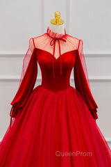 Red Velvet And Tulle Floor Length Evening Prom Dresses, Long Sleeve Beautiful A-Line Party Dresses