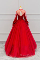 Red Velvet And Tulle Floor Length Evening Prom Dresses, Long Sleeve Beautiful A-Line Party Dresses