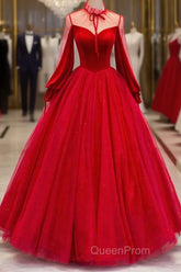 Red Velvet And Tulle Floor Length Evening Prom Dresses, Long Sleeve Beautiful A-Line Party Dresses