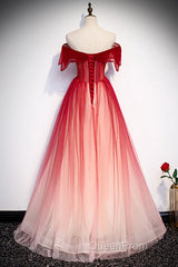 Red Off the Shoulder Long Tulle Evening Prom Dresses with Beading, Party Gown with Sequins