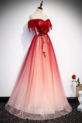 Red Off the Shoulder Long Tulle Evening Prom Dresses with Beading, Party Gown with Sequins