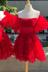 Red Tulle Puff Sleeves Ruffles Tulle Homecoming Dress