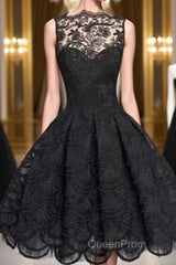 Retro A-line Black Lace Sleeveless Open Back Short Evening Prom Dresses, Homecoming Dresses
