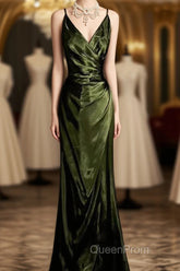 Retro Mermaid Spaghetti Straps Satin Green Long Evening Dresses Evening Prom Dresses