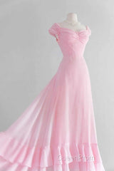 Retro Pink A-line Long Evening Prom Dresses,Pink Bridesmaid Dresses