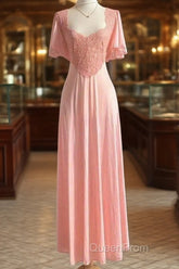 Retro Pink Long Bridesmaid Dresses Lace Evening Prom Dresses