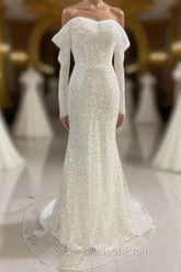 Ivory Mermaid Sequined Evening Prom Dresses with Long Sleeves, Sparkly Long Party Dresses
