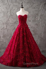 Romantic Burgundy Lace Embroidery Sweetheart Wedding Dresses Princess
