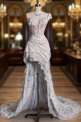 Romantic High Low One Shoulder Lace White Long Wedding Dresses