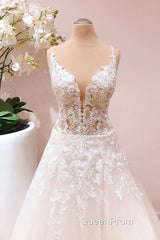 Romantic Long A-line Spaghetti Straps Appliques Lace Tulle Wedding Dresses