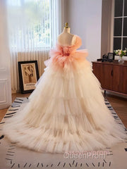 Romantic Pink Tulle Ball Gown Ombre Tiers Evening Prom Dresses