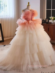 Romantic Pink Tulle Ball Gown Ombre Tiers Evening Prom Dresses