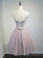 Rose Pink Short Floral Prom Dresses, Short Graduation Homecoming Dress with Beaded Flower