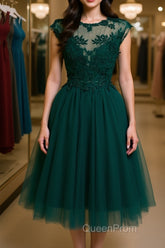 Round Neck Beaded Green Lace Short Evening Prom Homecoming Dresses, Short Green Lace Formal Graduation Evening Dresses