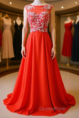 Round Neck Beaded Red Evening Prom Dresses, Red Formal Dresses, Red Evening Dresses