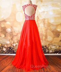 Round Neck Beaded Red Evening Prom Dresses, Red Formal Dresses, Red Evening Dresses