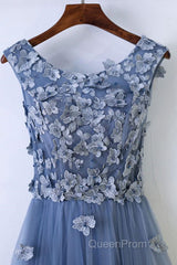 Round Neck Blue Lace Floral Long Evening Prom Dresses, Blue Lace Long Formal Evening Dresses