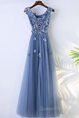 Round Neck Blue Lace Floral Long Evening Prom Dresses, Blue Lace Long Formal Evening Dresses