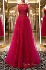 Round Neck Burgundy Beaded Evening Prom Dresses, Wine Red Beaded Formal Evening Bridesmaid Dresses