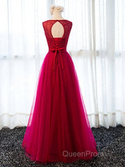 Round Neck Burgundy Beaded Evening Prom Dresses, Wine Red Beaded Formal Evening Bridesmaid Dresses