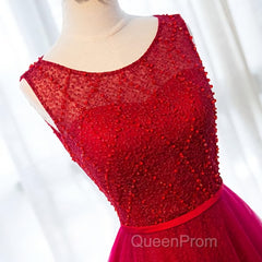 Round Neck Burgundy Beaded Evening Prom Dresses, Wine Red Beaded Formal Evening Bridesmaid Dresses