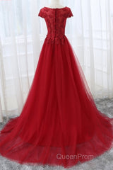 Round Neck Cap Sleeves Lace Long Evening Prom Dresses,Tulle Lace Formal Evening Dresses