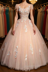 Round Neck Cap Sleeves Lace Pink Long Evening Prom Dresses, Pink Lace Formal Dresses, Pink Evening Dresses, Ball Gown