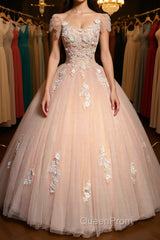 Round Neck Cap Sleeves Lace Pink Long Evening Prom Dresses, Pink Lace Formal Dresses, Pink Evening Dresses, Ball Gown