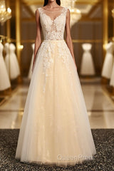 Round Neck Champagne Lace Evening Prom Dresses with Corset Back, Champagne Lace Formal Evening Bridesmaid Dresses