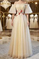 Round Neck Floral Champagne Long Evening Prom Dresses with Corset Back, Champagne Long Formal Bridesmaid Dresses