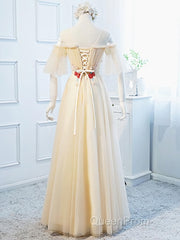 Round Neck Floral Champagne Long Evening Prom Dresses with Corset Back, Champagne Long Formal Bridesmaid Dresses