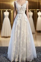 Round Neck Gray Lace Evening Prom Dresses with Corset Back, Gray Lace Formal Evening Bridesmaid Dresses