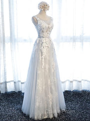 Round Neck Gray Lace Evening Prom Dresses with Corset Back, Gray Lace Formal Evening Bridesmaid Dresses