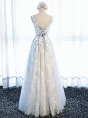 Round Neck Gray Lace Evening Prom Dresses with Corset Back, Gray Lace Formal Evening Bridesmaid Dresses