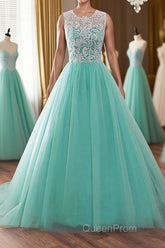 Round Neck Green Lace Tulle Long Evening Prom Dresses, Green Lace Formal Dresses, Green Evening Dresses