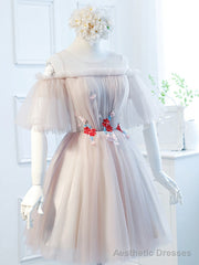 Round Neck Half Sleeves Short Pink Prom Dresses, Half Sleeves Short Pink Graduation Bridesmaid Dresses