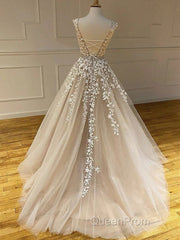Round Neck Long Champagne Lace Wedding Dresses, Champagne Lace Formal Evening Prom Evening Dresses