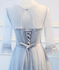 Round Neck Long Sleeves Blue Evening Prom Dresses, Long Sleeves Blue Formal Bridesmaid Evening Dresses