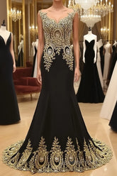 Round Neck Mermaid Lace Applique Black Evening Prom Dresses, Lace Black Formal Dresses