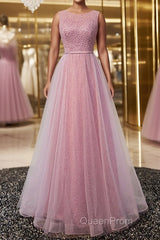 Round Neck Pink Beaded Long Evening Prom Dresses, Pink Long Formal Evening Dresses