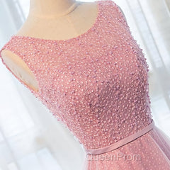 Round Neck Pink Beaded Long Evening Prom Dresses, Pink Long Formal Evening Dresses