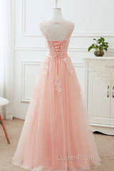 Round Neck Pink Lace Long Evening Prom Dresses, Pink Lace Bridesmaid Dresses