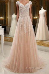 Round Neck Pink Lace Evening Prom Dresses, Pink Lace Formal Evening Dresses