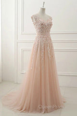 Round Neck Pink Lace Evening Prom Dresses, Pink Lace Formal Evening Dresses