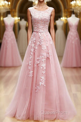 Round Neck Pink Lace Evening Prom Dresses, Pink Lace Long Formal Evening Dresses