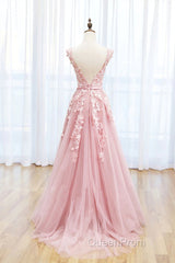 Round Neck Pink Lace Evening Prom Dresses, Pink Lace Long Formal Evening Dresses