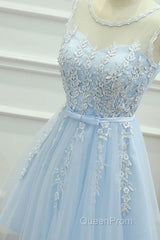 Round Neck Short Blue Lace Evening Prom Dresses, Short Blue Lace Homecoming Graduation Dresses