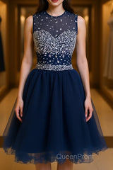 Round Neck Short Dark Blue Evening Prom Dresses, Short Dark Blue Homecoming Dresses