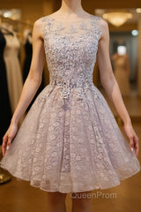 Round Neck Short Gray Lace Evening Prom Dresses, Short Gray Lace Formal Homecoming Graduation Dresses